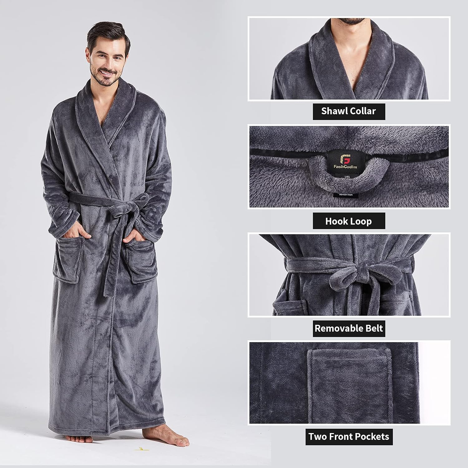 FashGudim Mens Robes Big and Tall Full Length Plush Fleece Long Robe for Men Bathrobe Shawl Collar Warm Winter House Robes - Image 3