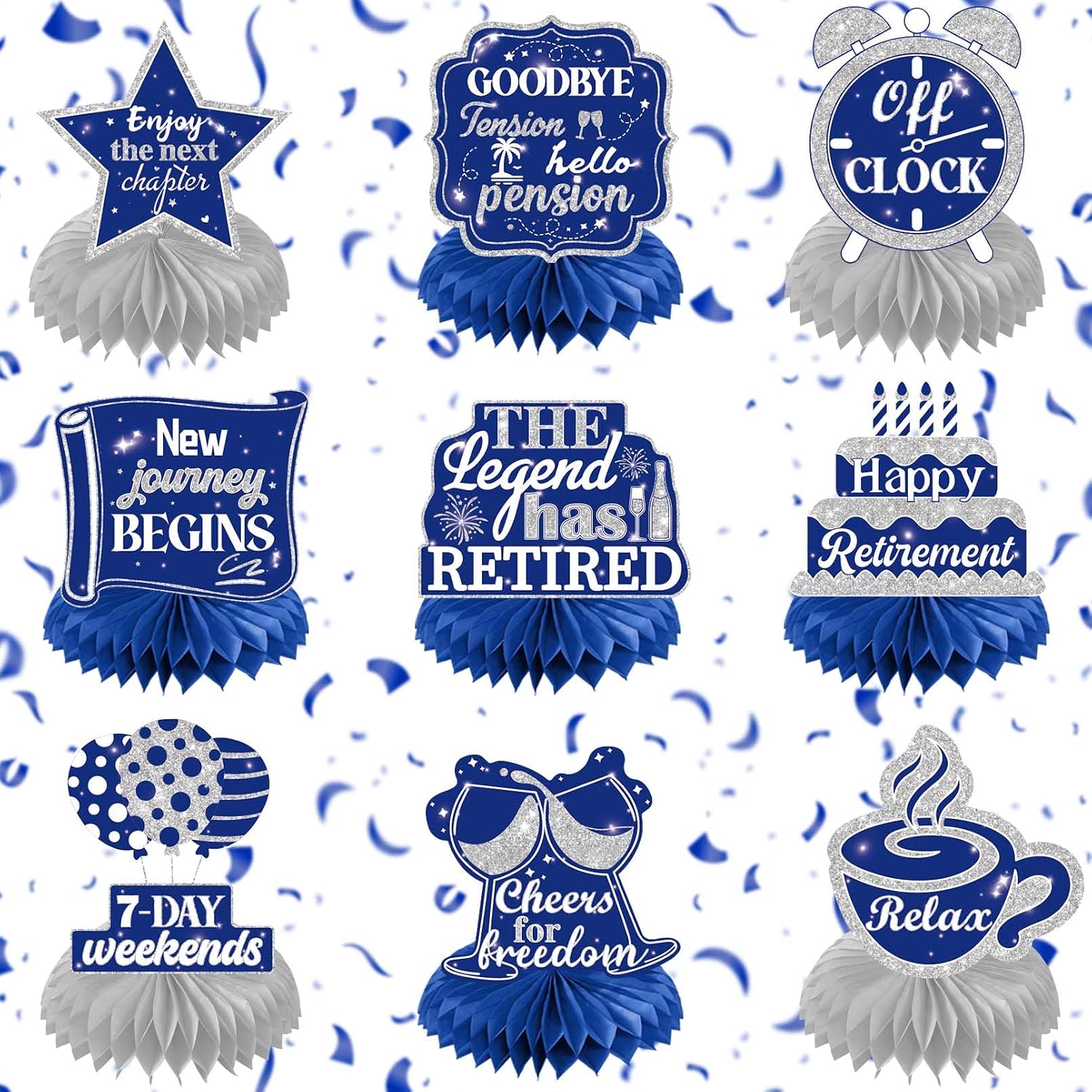 9Pcs Retirement Honeycomb Centerpieces Navy Blue & Silver - Happy Retirement Decor for Men & Women, Farewell Table Decorations for Office Goodbye, Teacher Party, Photo Booth Props
