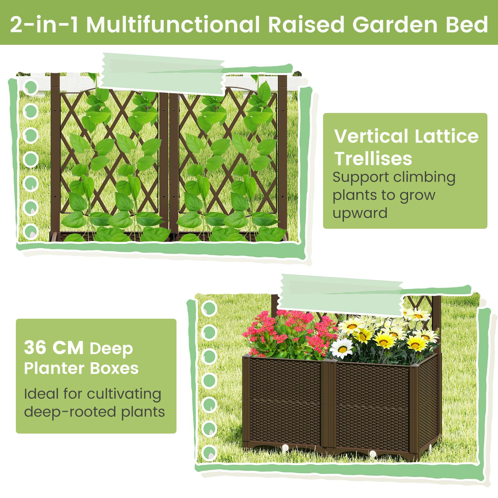 HOMASIS Jardinera con Celosia Exterior de PP, Jardinera Elevada Rectangular con Soporte para Plantas Trepadoras, Autoriego,Cama de Jardín Grande para balcón,Terraza,Patio (marrón, 80x40x140cm)