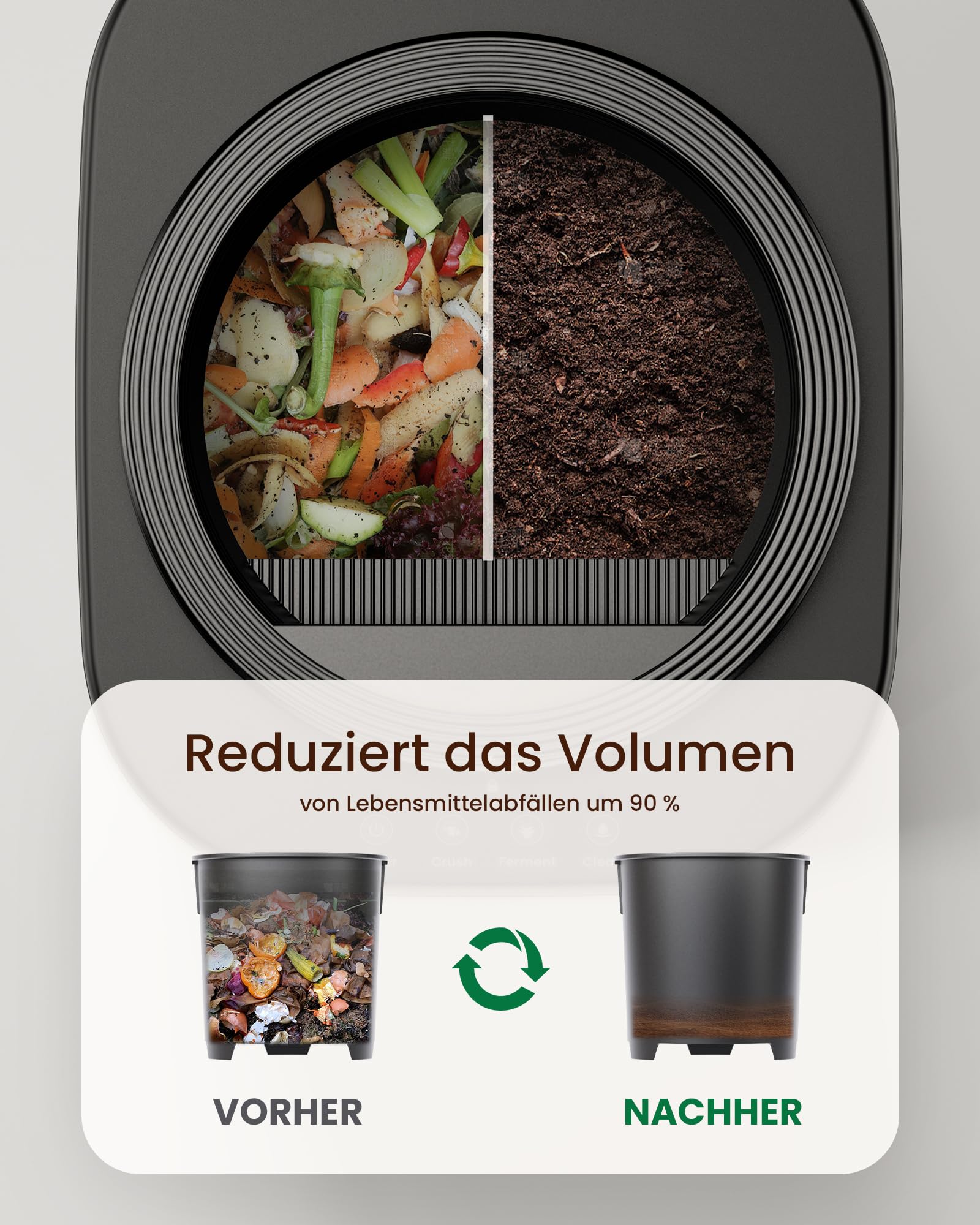 Elektrischer Komposter Küchen, 4L - Geruchloser Küchenkomposteimer mit 3 Modi, Reduziert Lebensmittelabfälle um 90%, Wandelt Küchenabfälle in Dünger um, Geräuscharmer Komposter für den Innenbereich