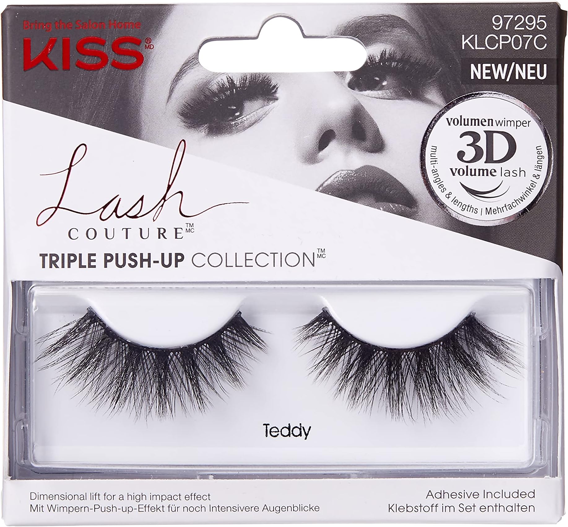 KISS Lash Couture Triple Push Up Collection 1 Pair of False Lashes, Teddy, 3D Volume False Eyelashes, Cruelty-Free, Reusable includes Lash Glue