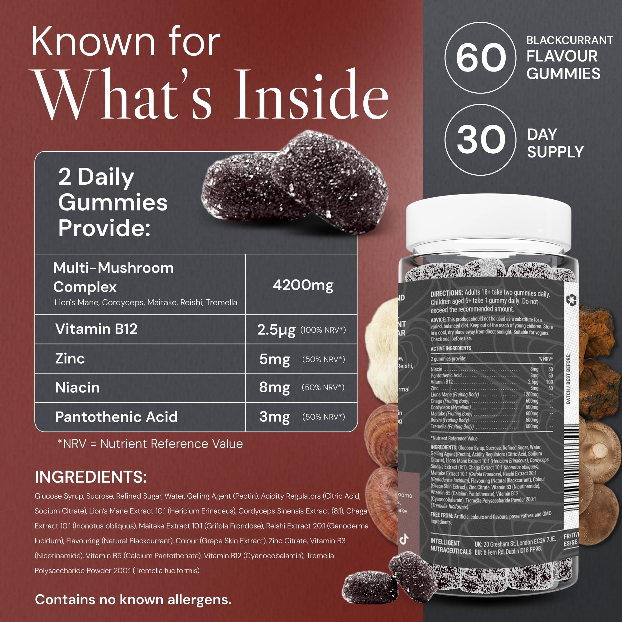 Gummies Multi-Champignons Haute Concentration – Avec Crinière de Lion, Reishi, Chaga, Maitake, Cordyceps, Tremella – Saveur Cassis – 60 Gummies Végans (30 Jours)