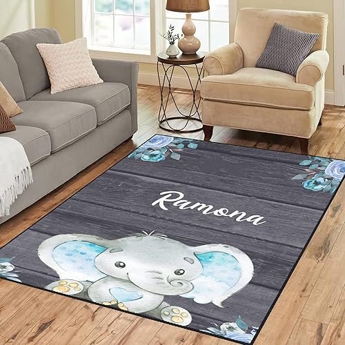 Miniatura 1 de Alfombra antideslizante personalizada con diseño floral de elefante de 4 x 5.2 pies con nombre y texto, tapete personalizado para dormitorio, sala