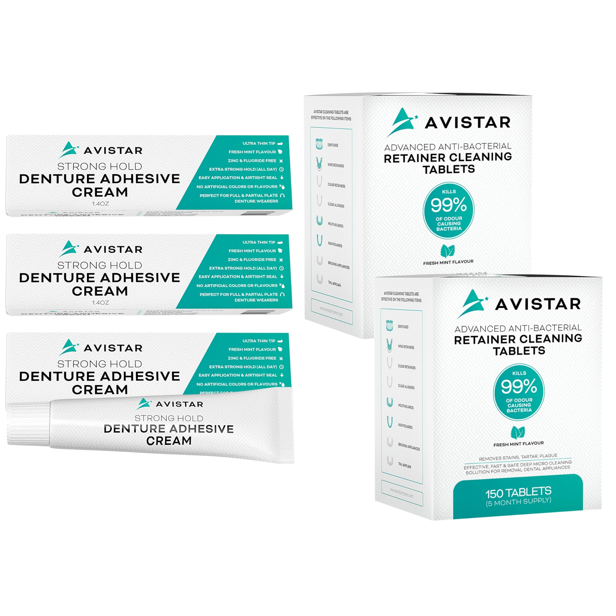 AvistarExtra Strong Denture Adhesive Cream (3 Pack, 4.2 Fl Oz) and Retainer Cleaning Tablets (300 Mint Flavor, 10 Months Supply)