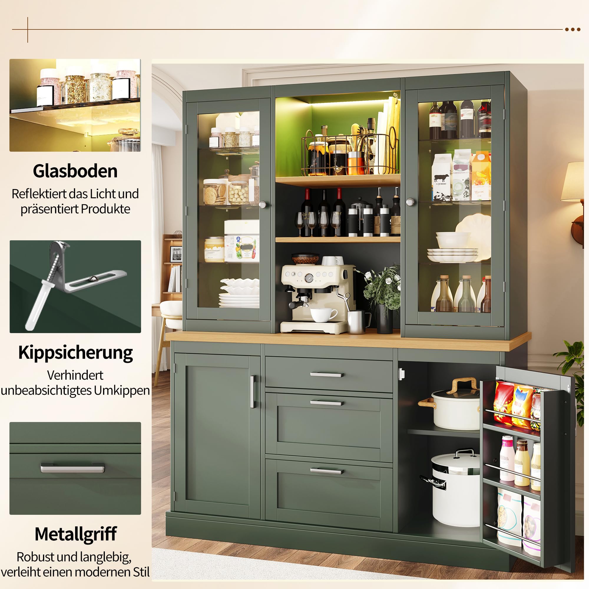 Armadio alto, buffet, armadietto da cucina, vetrina, credenza, armadietto per vino con illuminazione controllata, 3 cassetti, piano di lavoro, ripiani regolabili, 140 x 40 x 185 cm (verde)