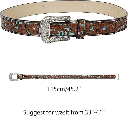 Miniatura 4 de Western-Cowgirl-Cinturones para Mujer y Hombre Turquesa-Decorado-Hebillas Plateadas-Cinturones de Cuero de Vaquero Occidental para Pantalones