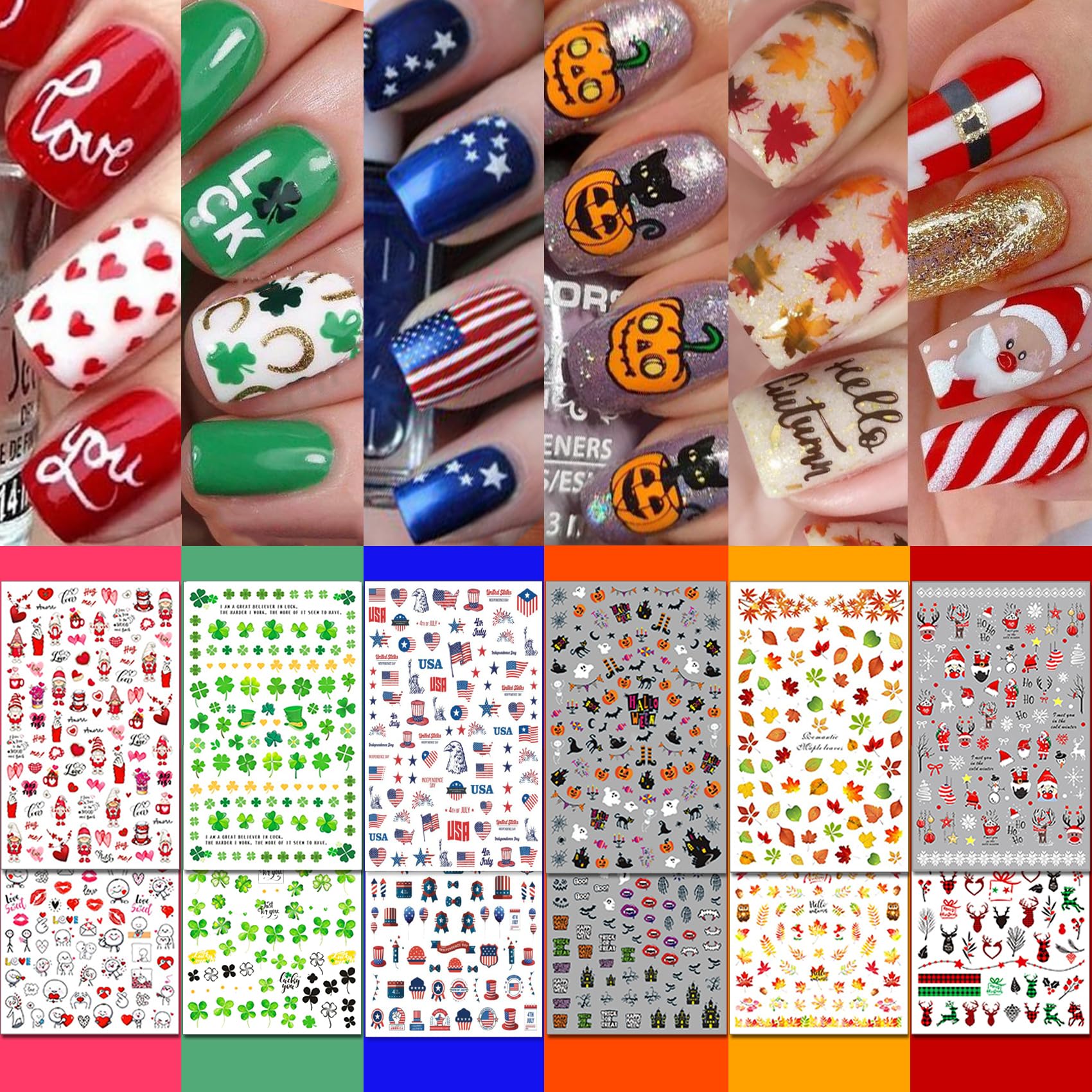 IDDFEVE 30 Sheets All Holiday Nail Art Stickers, Variety Pack Seasonal Nail Decals for All Year, Self-Adhesive Pegatinas Uñas St. Patrick's Independence Day Halloween Fall Christmas Heart Design