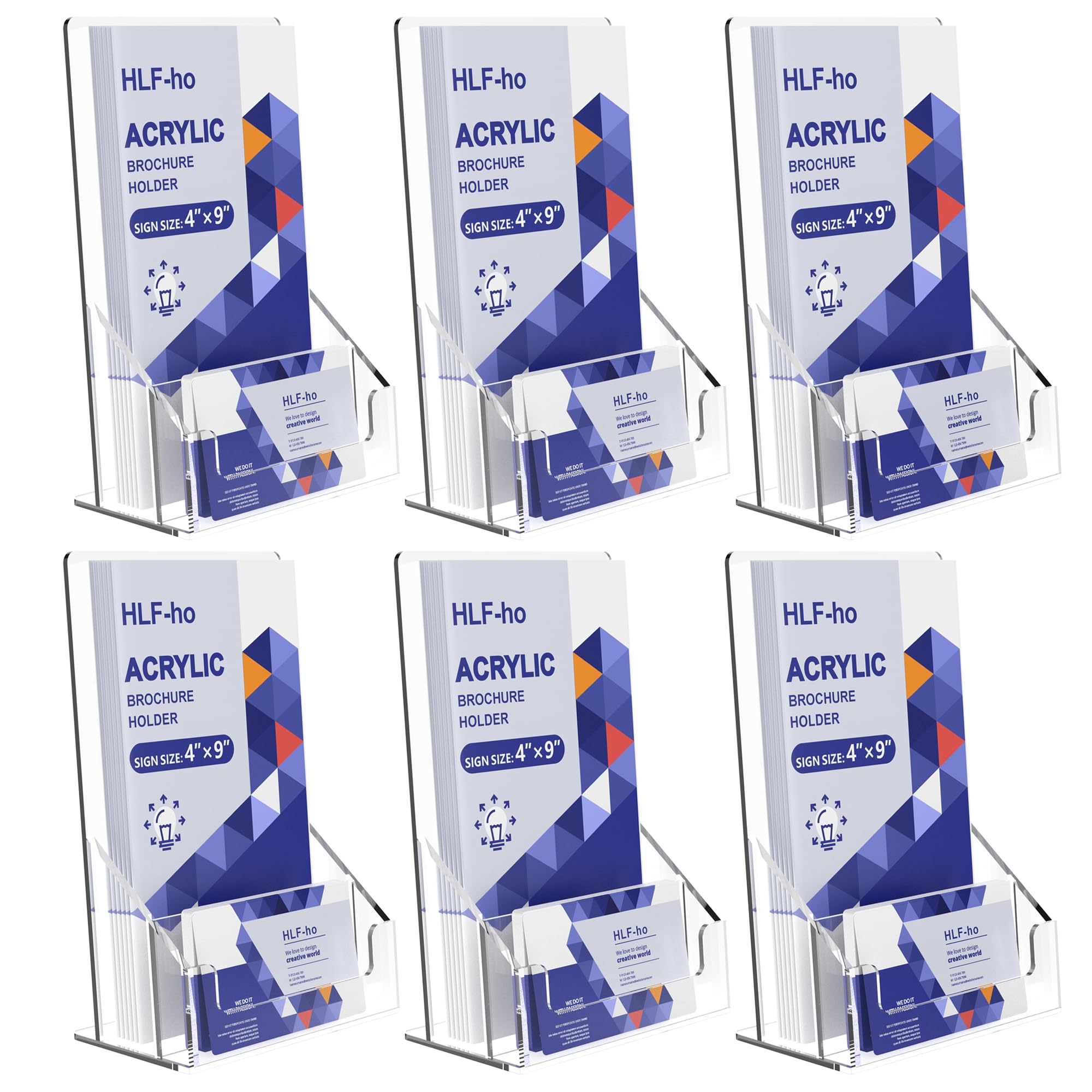 Brochure Holder 4x9 Inch Acrylic Literature Holders Clear Flyer Display Stand with Removable Business Card Slot Pamphlet Holder Organizer for Office, Lobby, Hotels, Trade Shows, 6 Pack