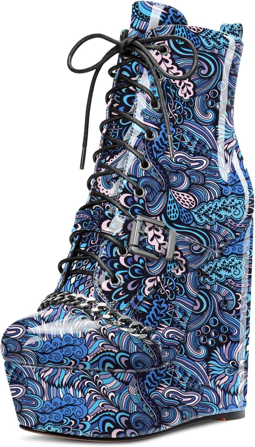 NobleOnly Womens High Heel Platform Wedge Ankle Boots Round-Toe Lace Up Rivet Boot with Zipper 6" Heel Shoes