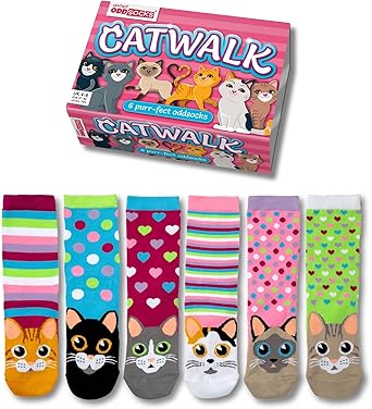 United Oddsocks Catwalk Gift Box, 6 Colourful Cat-Themed Odd Socks for Women, Mix & Match Cute Crew Cotton Socks, Fun Novelty Socks Gift Set for Cat Lovers and Women, UK 48, EUR 3742, US 6.510.5