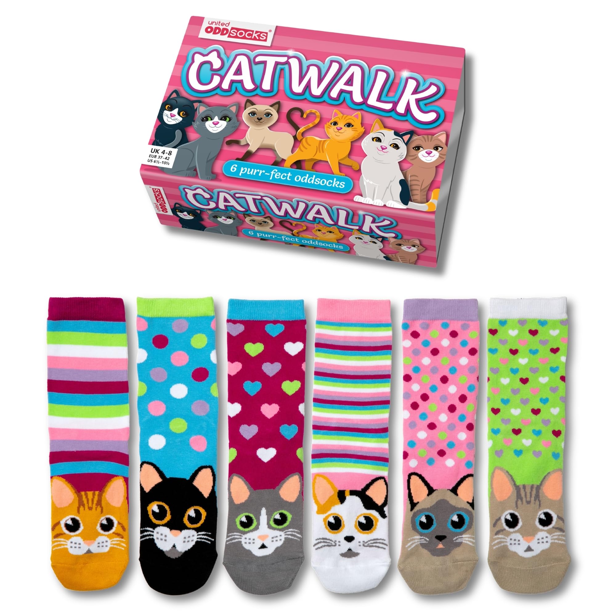 United Oddsocks Women's Multicoloured Catwalk Gift Box, 6 Purr-Fect Oddsocks For – Uk 4–8, Eur 37–42, Us 6.5–10.5 – Fun & Colourful Cat Socks, Quirky Gift Idea For Cat Lovers For Birthdays, Christmas, Or Any Occasion