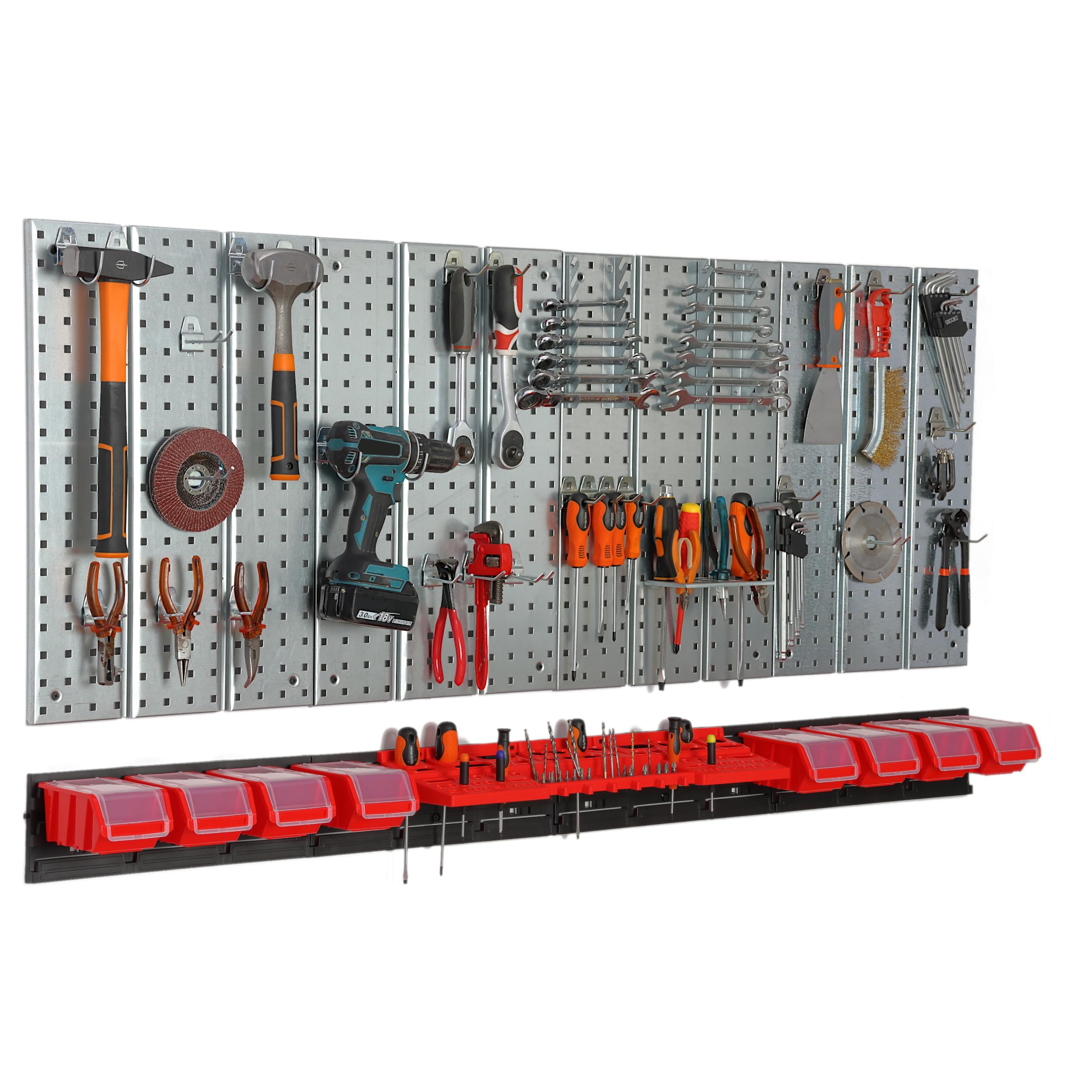 Werkzeugwand Metall 156x72 cm Lagersystem mit Werkzeughaltern Werkzeughaken und 8 Stapelboxen 100 x 150 x 70 mm Farbe: rot Lochbrett Werkstatt Garage Steckbrett Elektrowerkzeuge Lochwand