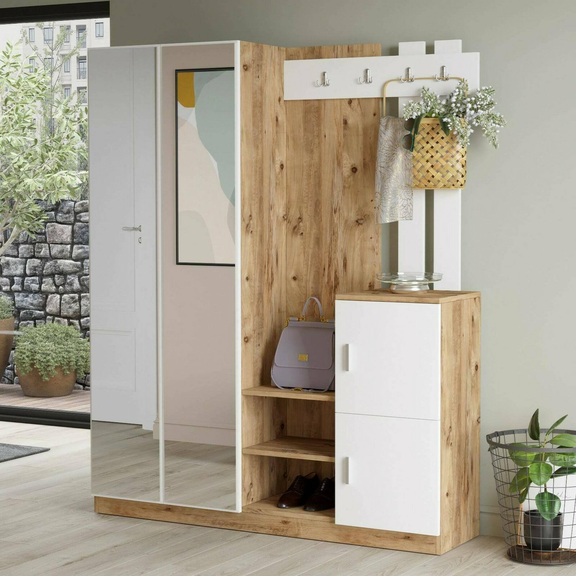 Dmora Mobile da Ingresso Borealis, Entratina Appendiabiti, Composizione per atrio, Consolle portaoggetti Multifunzione, 147x38h180 cm, Quercia e Bianco