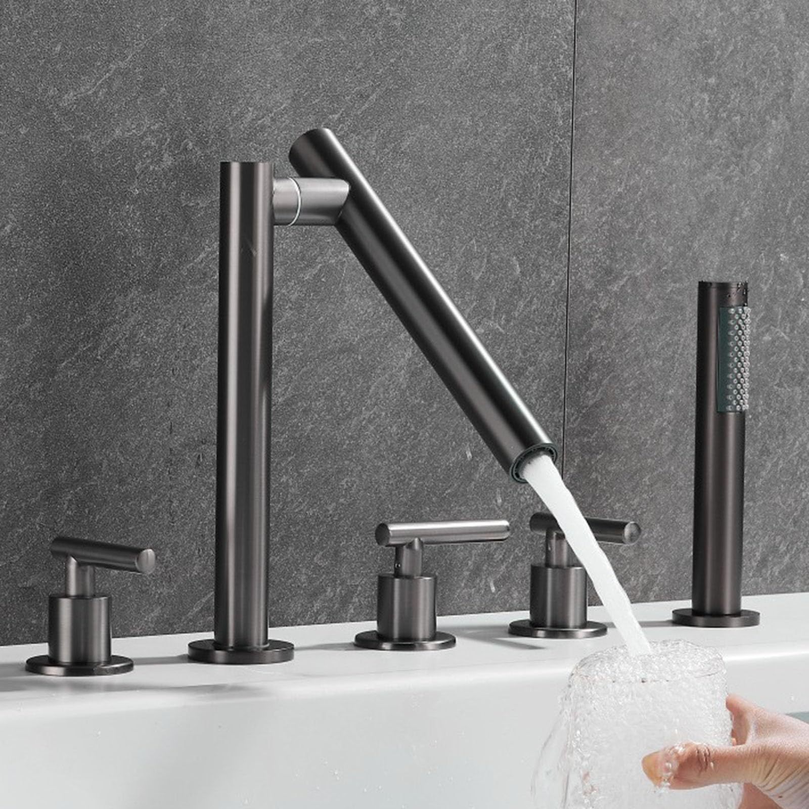 Robinet baignoire 5 trous mitigeur laiton douchette gris pistolet rotatif 360