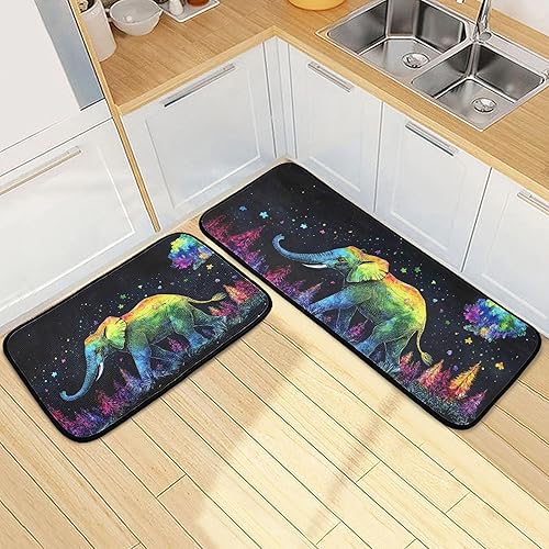 Miniatura 2 de Alfombra de cocina con estampado de elefante, color arcoíris, 2 piezas, de pelo bajo, absorbente de agua, tapetes para cocina, fregadero, sala de
