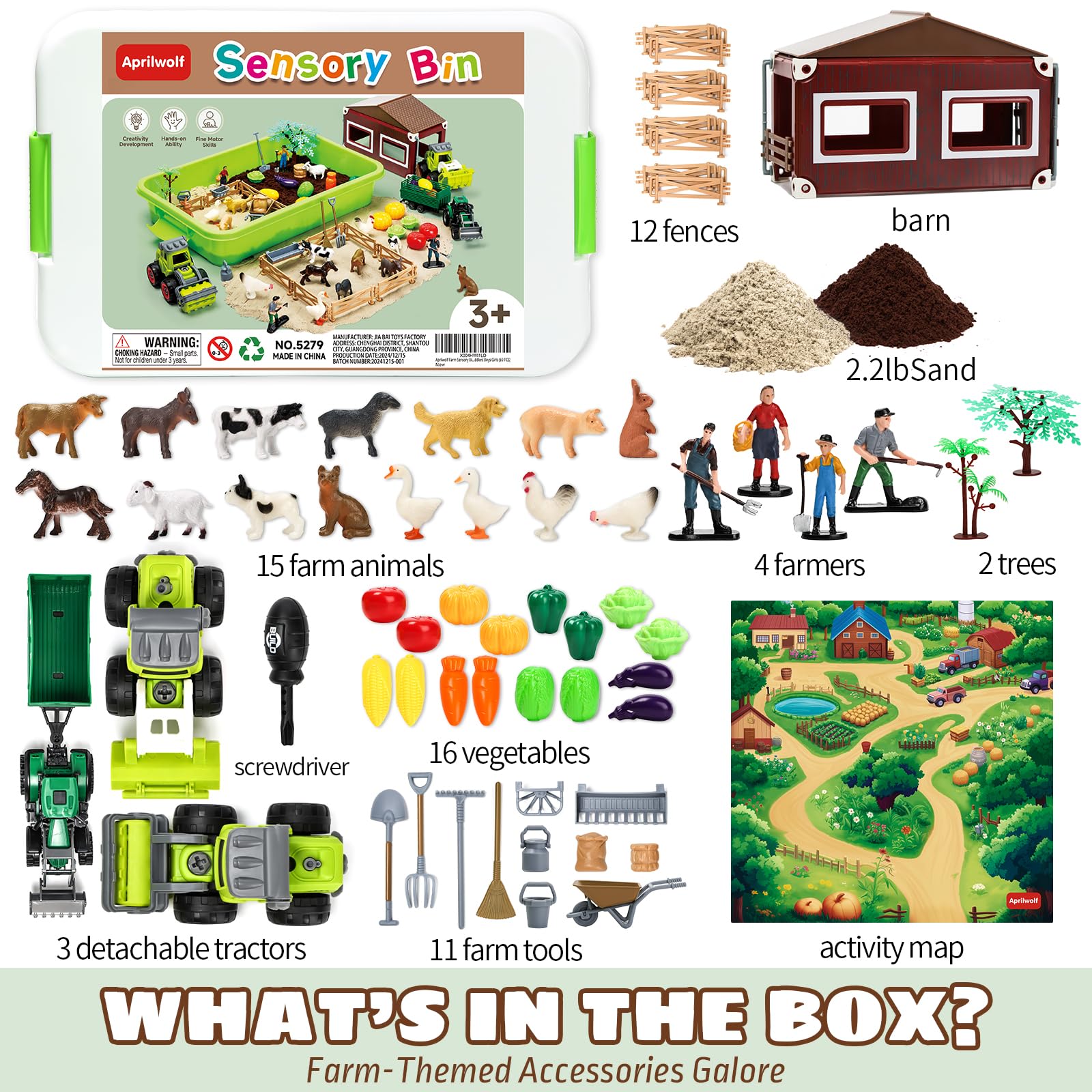 Aprilwolf 69 PCS Farm Sensory Bin Toys Playset, Sandboxes with Sand, Farmer Tractor & Farm Animals Figures Toys for Kids 3 4 5, Gifts for 6 7 Years Old Boys Girls Toddlers