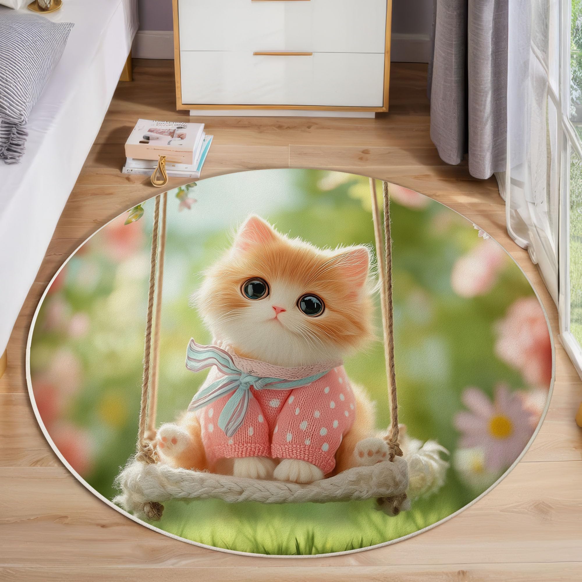 Tapis rond chat de 80 cm vert sauge lavable et antidérapant