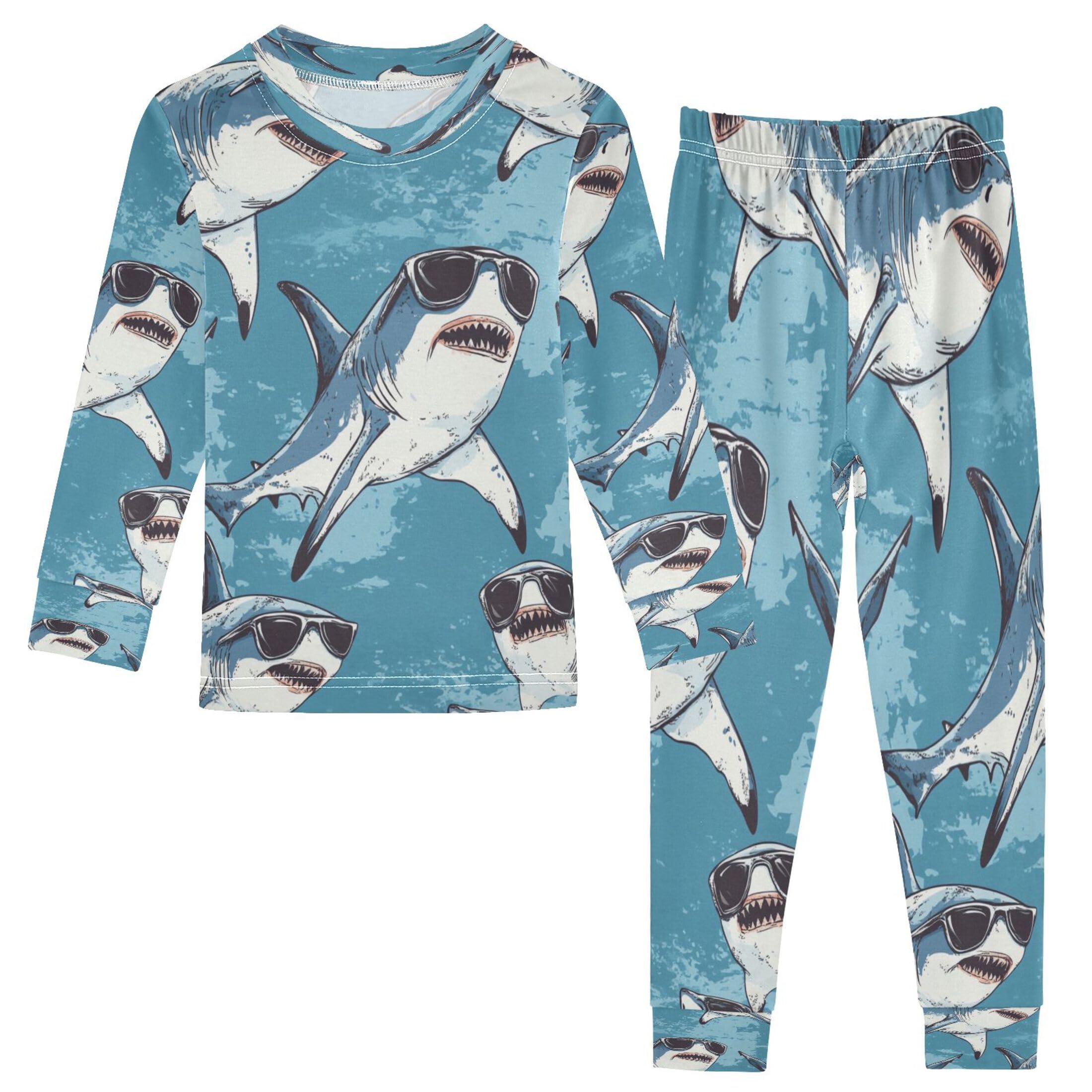 Vozoza Animal Blue Sharks Pajama Sets Long Sleeve Top with Pants Cotton Soft Sleepwear 2 Piece Pjs Set Size 4T