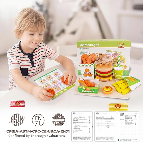 Miniatura 7 de Montessori Toys - Juego de comida de juguete para niños de 3, 4 y 5 años, cocina de madera de juego de comida rápida con hamburguesas, papas fritas,
