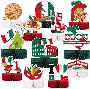 12Pcs Italy Party Decorations Italian Theme Honeycomb Centerpieces for Table I Love Italy Birthday Table Decoration Flag Red White and Green Photo Booth Props for Italian Pizza Birthday Party Supplies