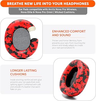 WC PadZ Nova Pro Wireless & Nova Elite - Replacement Ear Pads for Steelseries Arctis Nova Pro Wireless & Nova Elite by Wicked Cushion, Thick, Soft and Comfortable | Red Camo