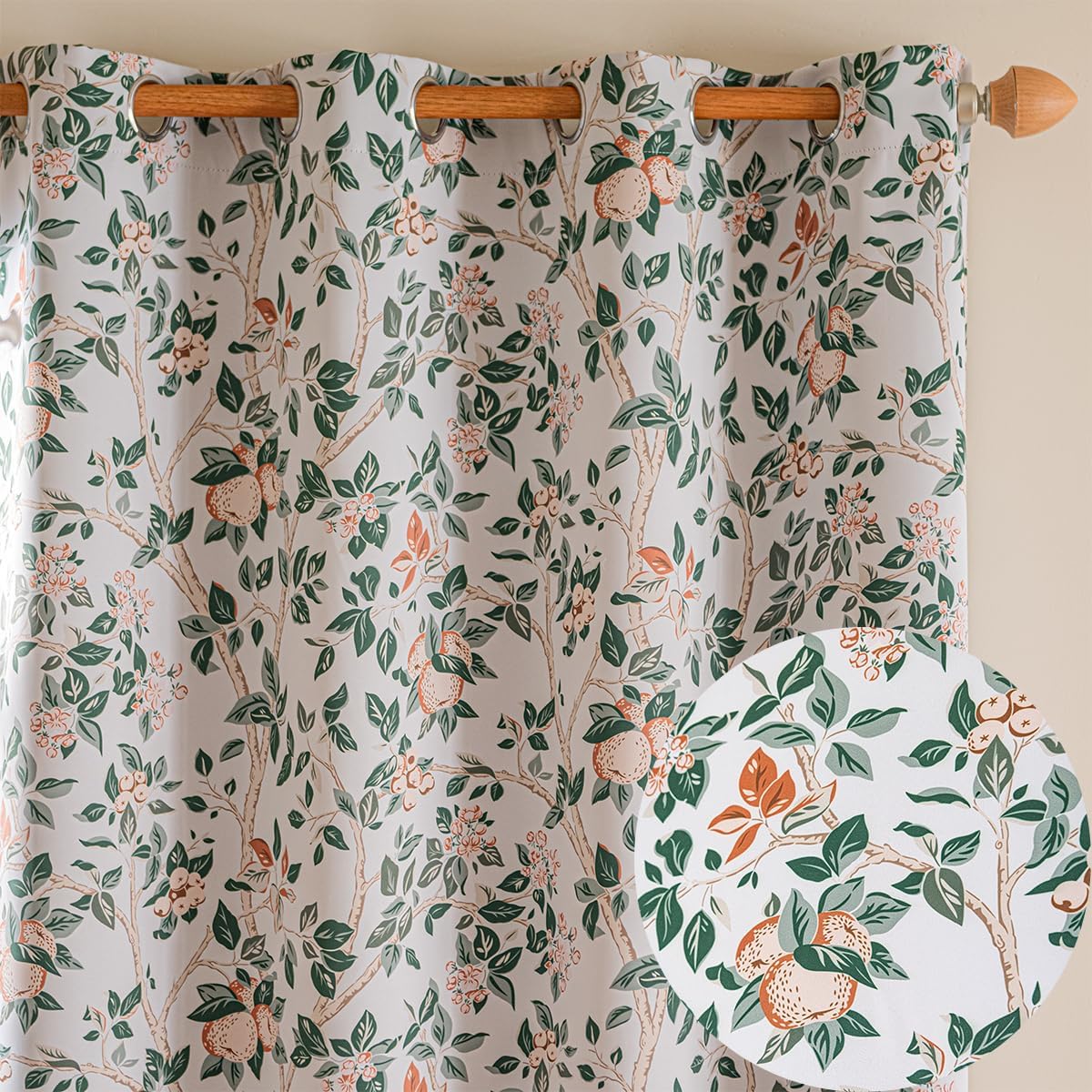 Bedroom 100% Blackout Floral Curtains, Green Leaf Fruit Pattern Curtains, Living Room Blackout with Black Lining Lined Thermal Curtains, Grommet Curtains 2 Panel 52 x 84 inch (Green)