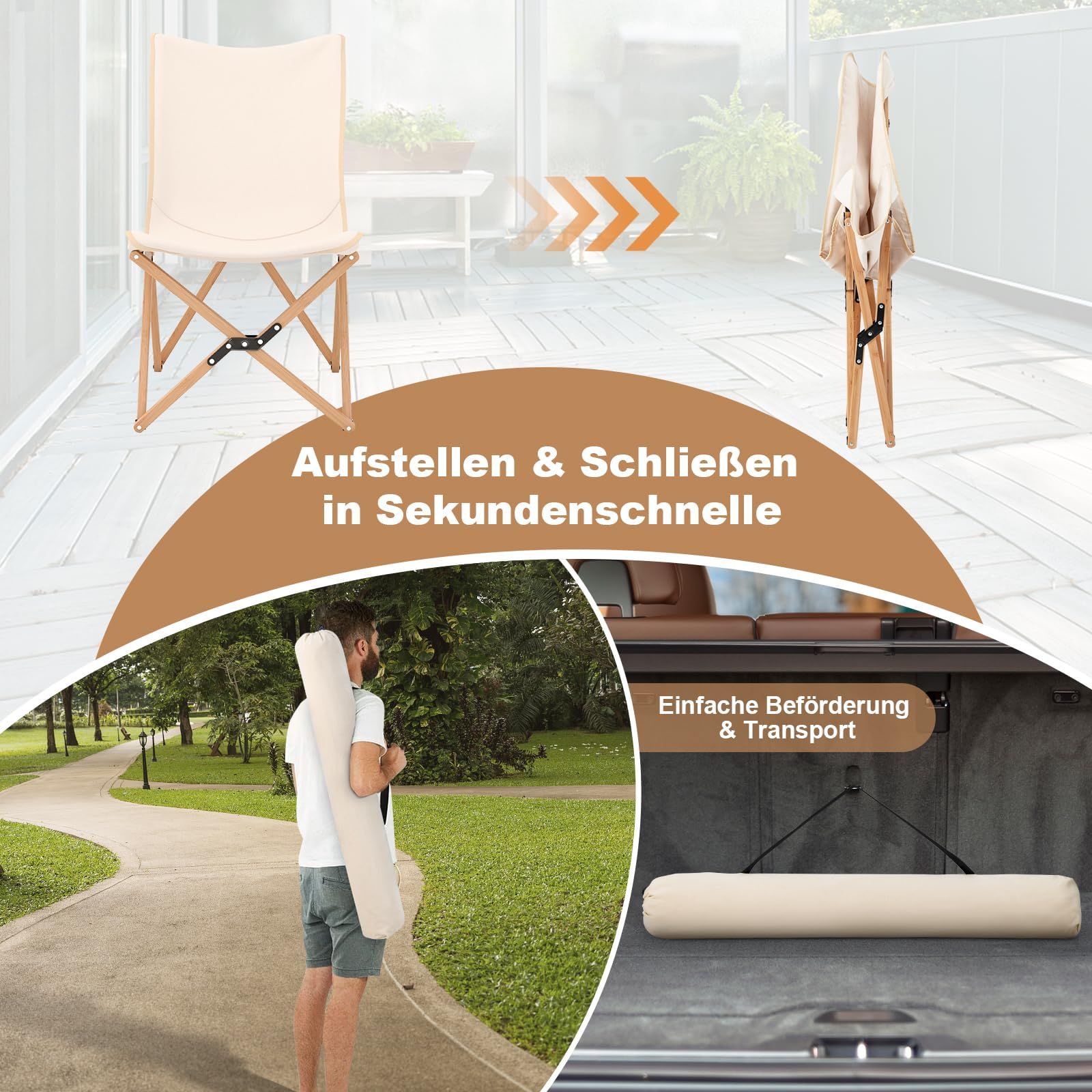 GOPLUS Campingstuhl faltbar 2er Set, Liegestuhl klappbar aus Bambus, Gartenstuhl bis 150kg belastbar, Klappstuhl leicht tragbar mit Tragetasche, Strandstuhl für Camping, Picknick & Angeln (Weiß)