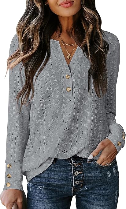 ANRABESS Womens Eyelet Tops Long Sleeve Henley Shirts Business Dressy Casual Blouse Vacation T-Shirt 2025 Fall Outfits