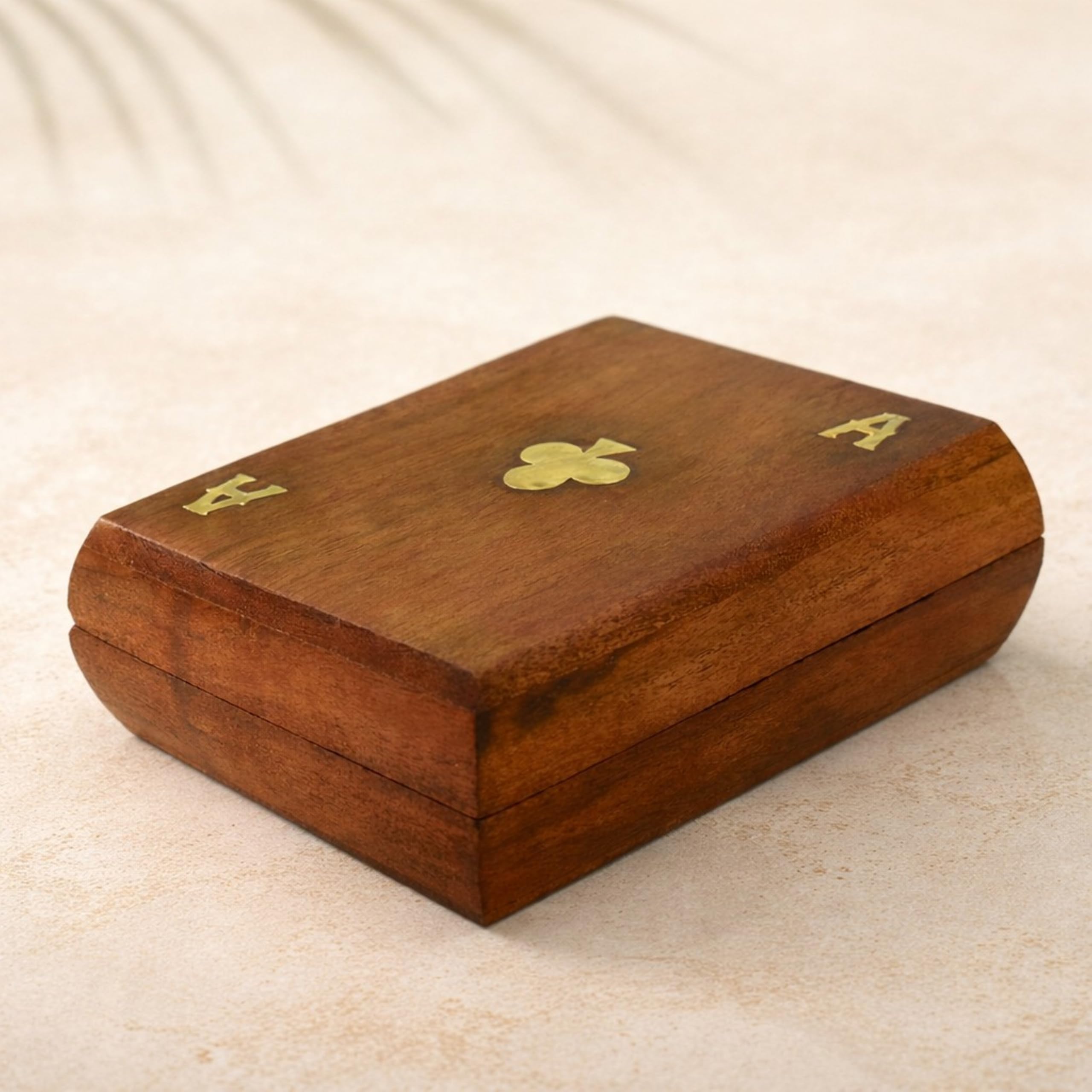 India House Wooden Playing Card Box 15 x 11 x 5 cm Handcrafted Brass-Inlay Double-Deck Holder with 2 ‘Ace’ Card Packs, Decorative Storage Organiser, Ideal Anniversary or Housewarming Gift
