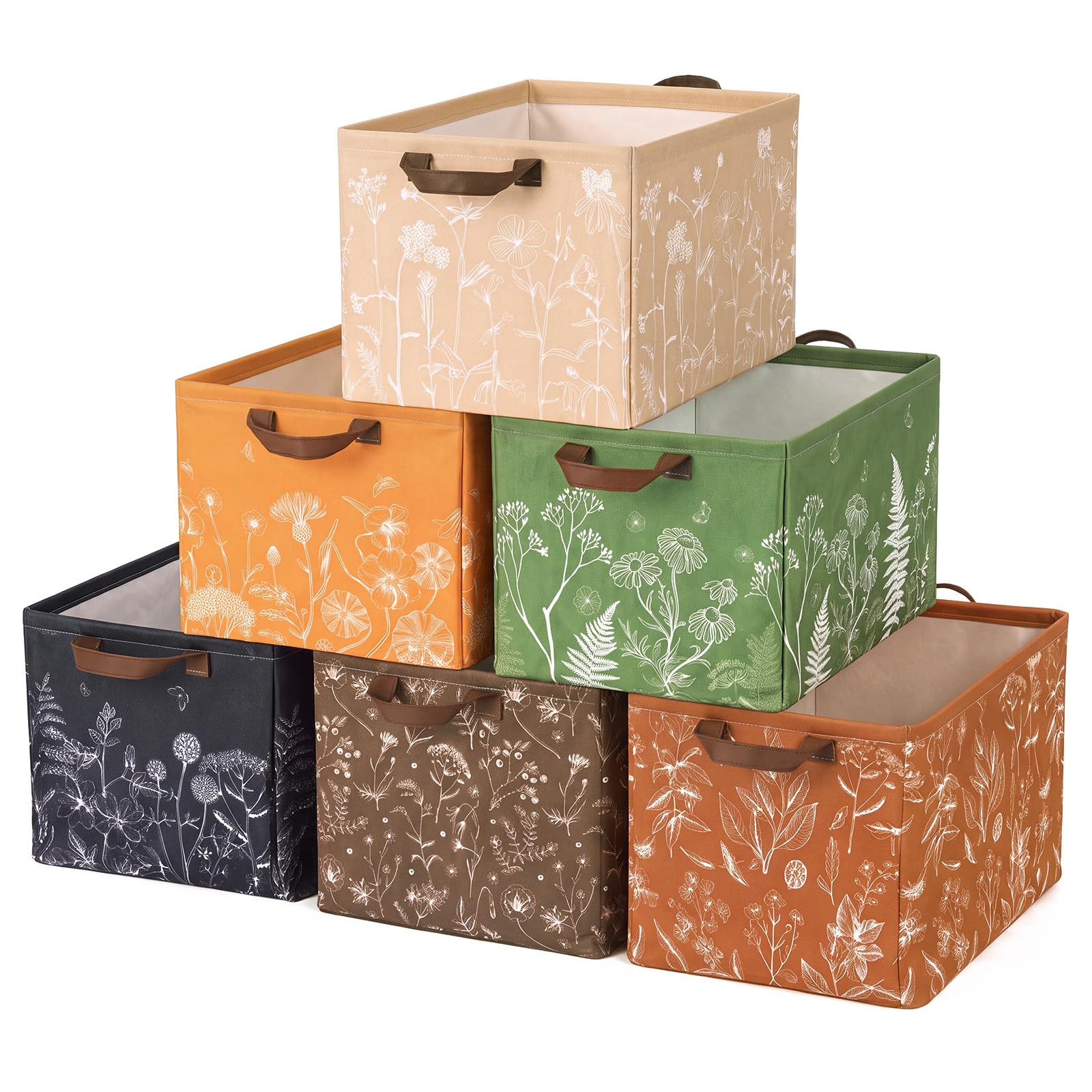 Fourluoo 6 Pack Floral Storage Basket with Handles Clothes Storage Basket Bin Foldable Box Bins Organizer for Closet Shelf Nursery Kid Room Book Toy Chest(6, Simple Floral)