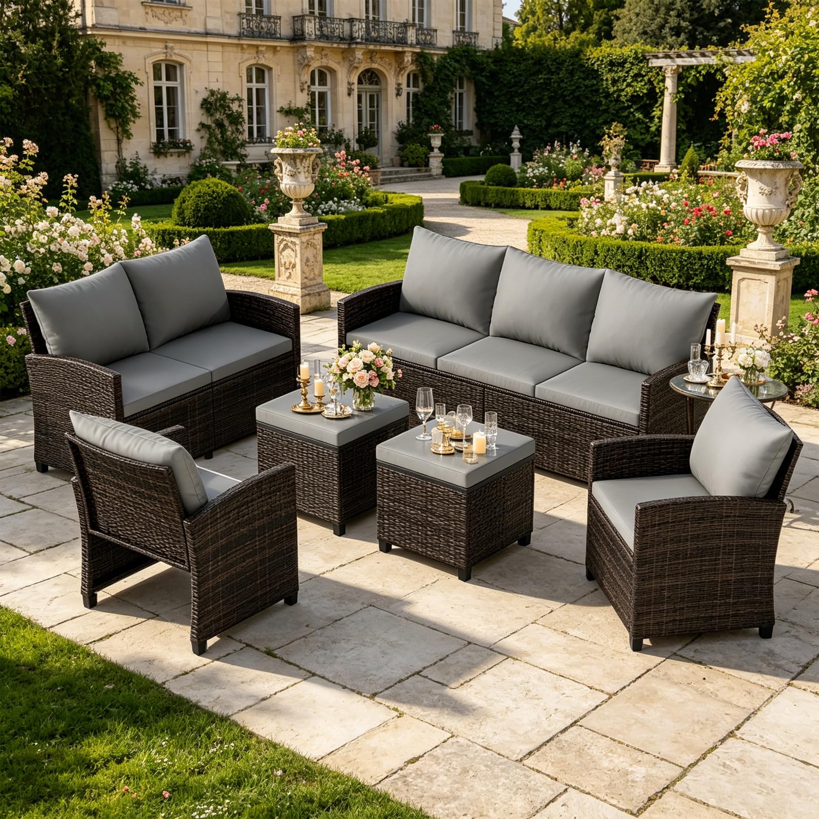 SOARS Salon de Jardin Exterieur pour 6 Personnes, avec Table Basse & Coussins, Résine Tressée, Coussins Déhoussables, Mobilier d'Extérieur Jardin, pour Jardin, Balcon, Terrasse (Gris)