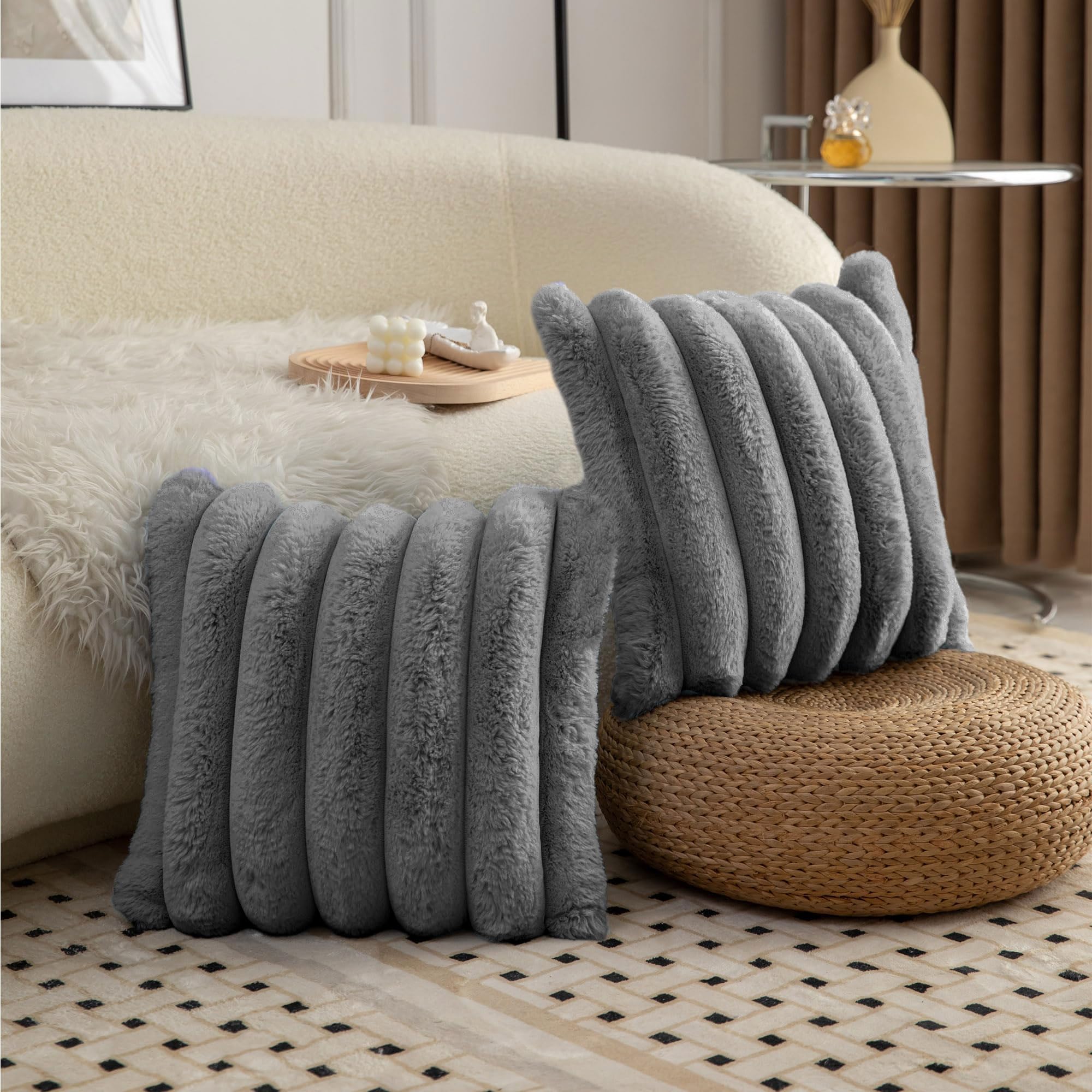Luxe Home Luxurious Plush Cushion Covers Set of 2, 16x16 Inch, Soft Stripe Rabbit Fur Decorative Cushion Covers for Sofa, Chair, Bed, and Bedroom - Ideal for Kids, Cozy - Grey (B0D7QG2VNY) Amazon Price History, Amazon Price Tracker