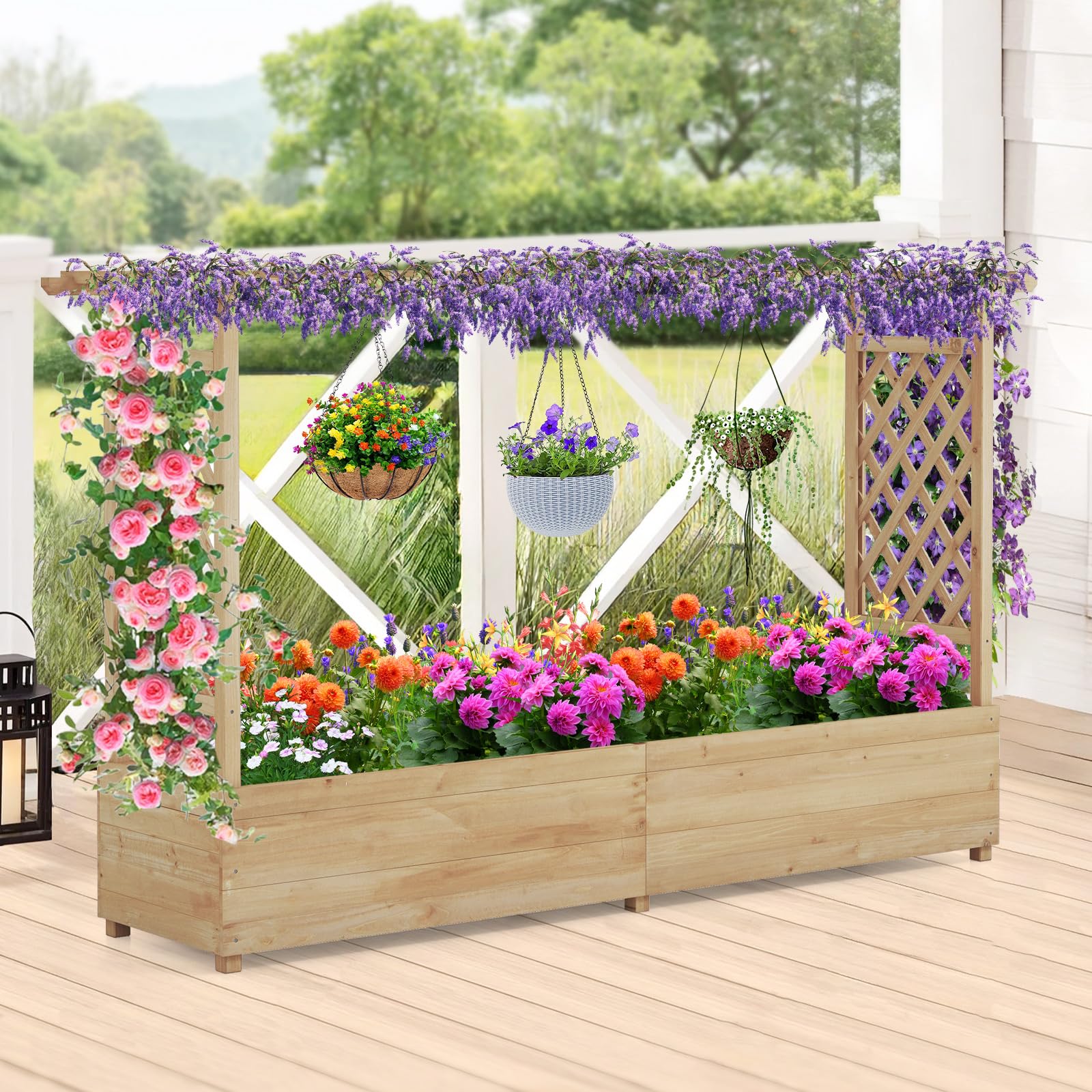 COSTWAY Jardinera Elevado con Enrejado, Techo Colgante, Macetero, Orificios de Drenaje, Contenedor Vertical para Plantas Trepadoras, Macetero de Madera para Jardín Patio (200 x 44 x 114 cm, Natural)
