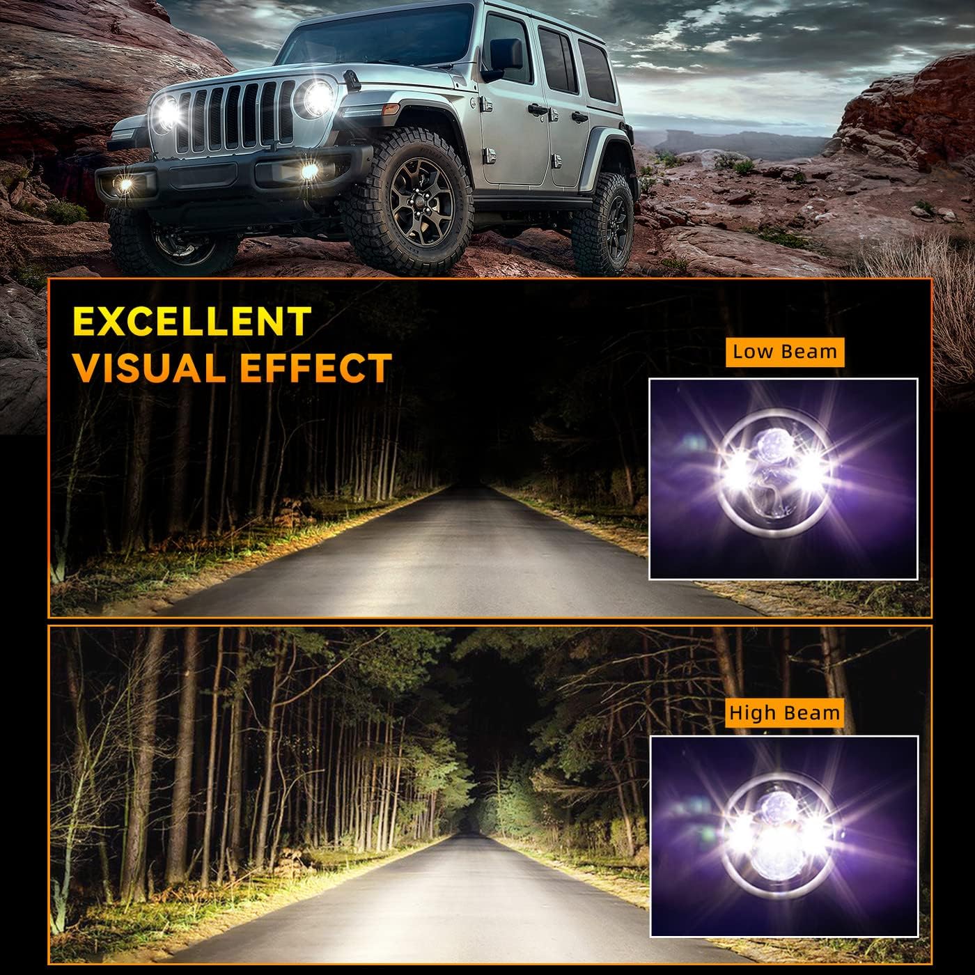 2pcs 7" Inch Round Amber Turn Signal White High/Low Beam DRL Daytime Running Lights Halo Angle Eye Projector Headlights Assembly+H4-H13/9008 Adaptors Compatible With 97-18 Wrangler TJ/LJ/JK