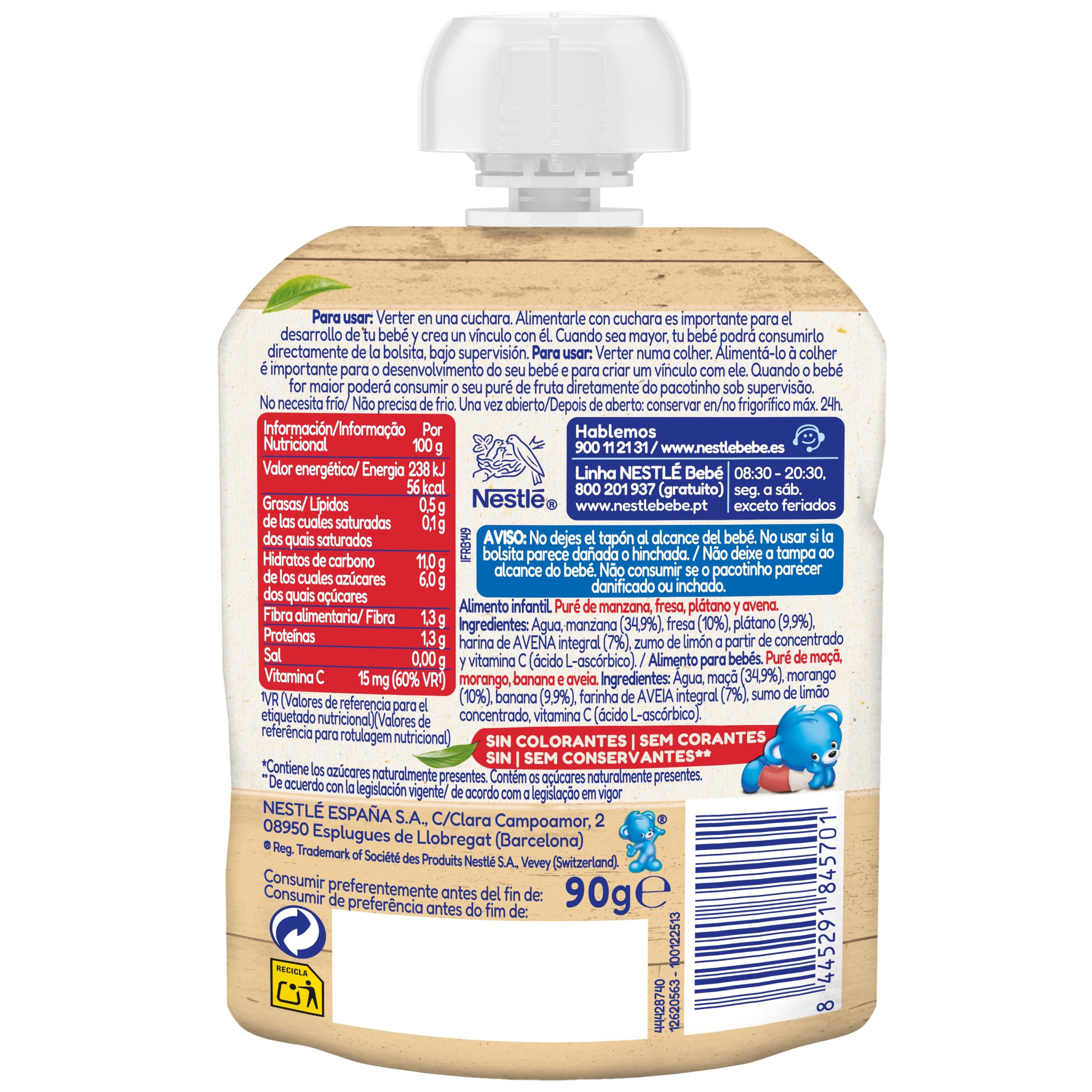 NESTLÉ Puré Manzana Fresa Plátano y Avena para bebés 16x90g