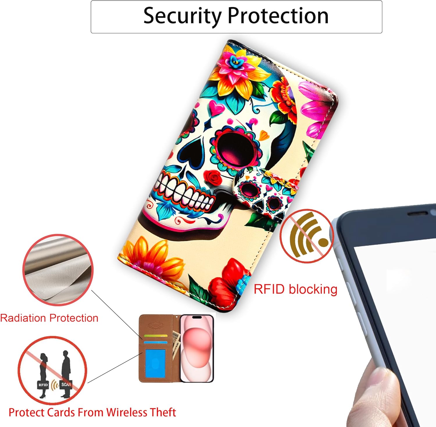 Case for iPhone 16 with RFID Blocking,Hummingbird Flowers Blue Leather Flip Phone Case Wallet Cover with Card Slot Holder Kickstand for Apple iPhone 16 - Image 2