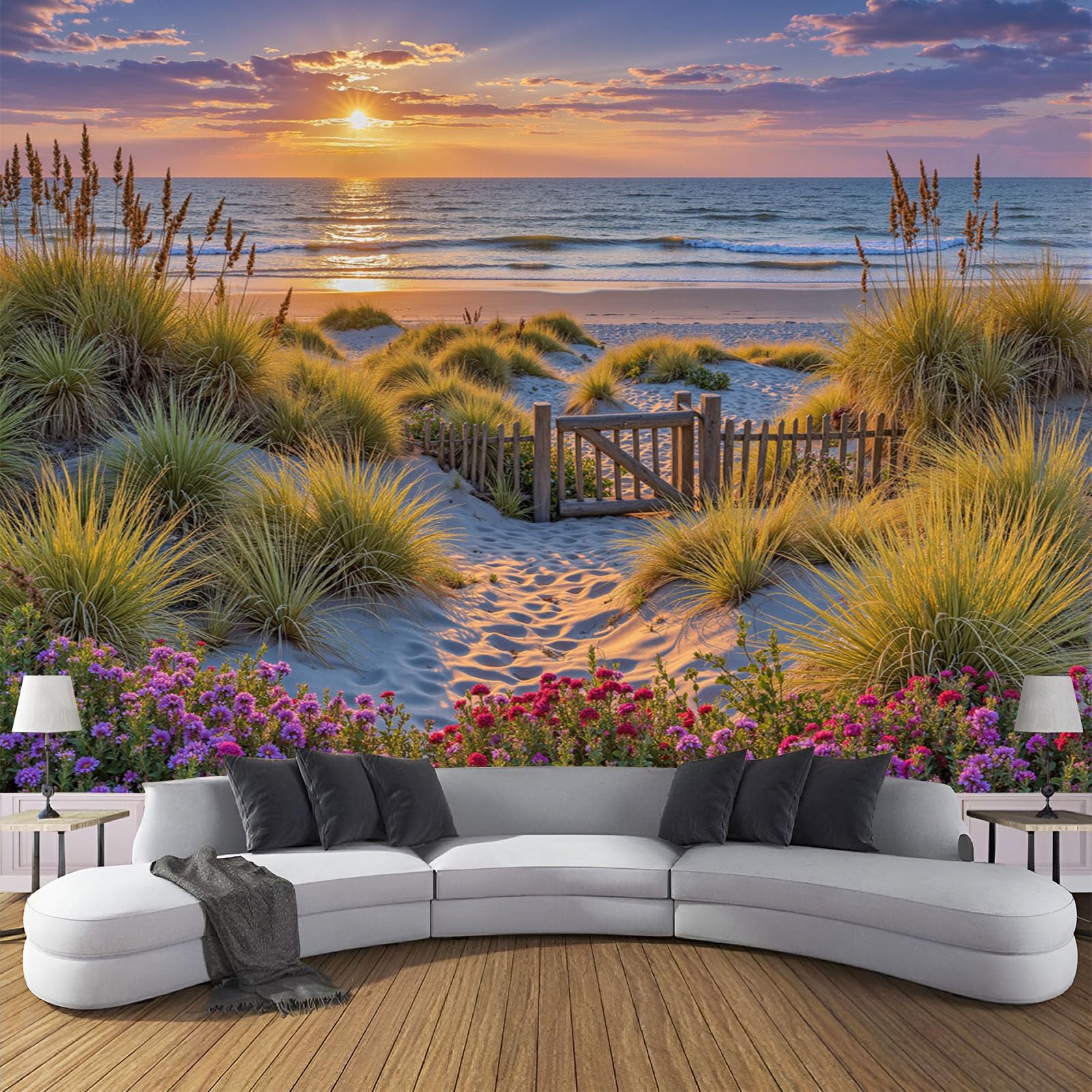 Papier peint panoramique en soie jaune-vert littoral naturel 200x140cm décoration murale