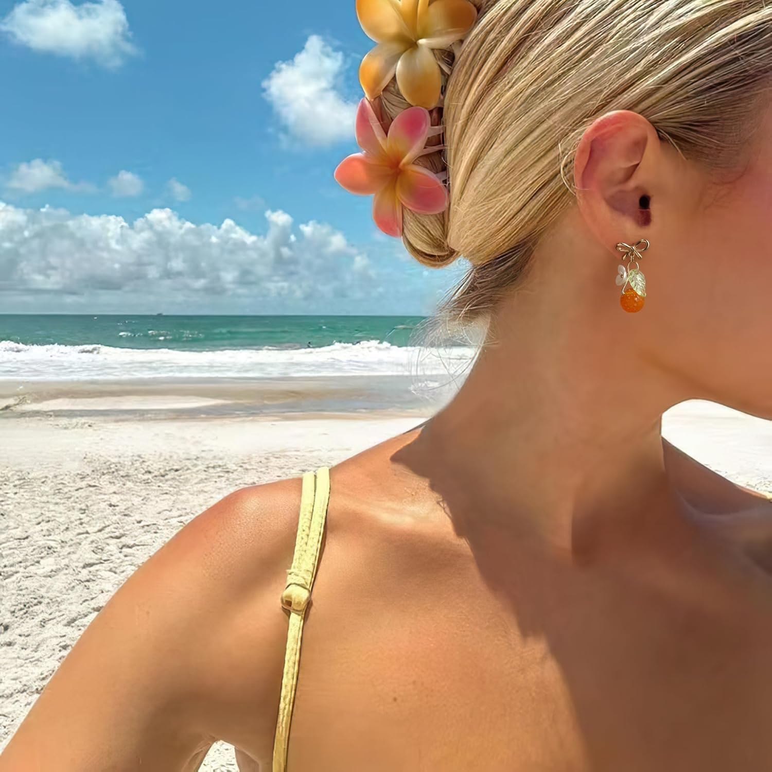 BriLove Cute Funny Stud/Clip on Earrings For Women, Orange Fruit Leaf Earring for Summer Beach Holiday Daily Wear Costume Accessories - Image 4