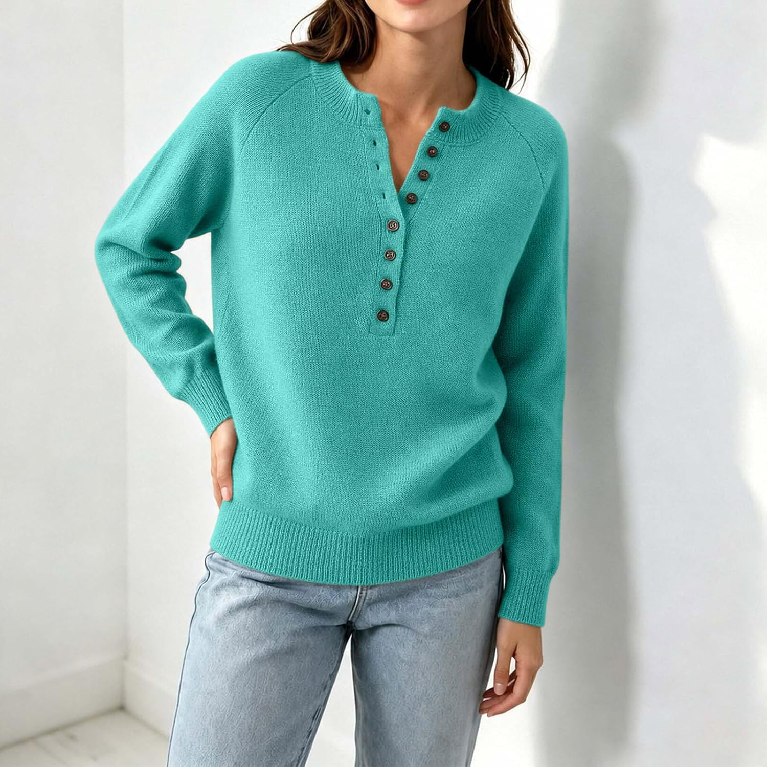 Women's Henley Knit Sweater Button Front Long Sleeve Pullover Tops