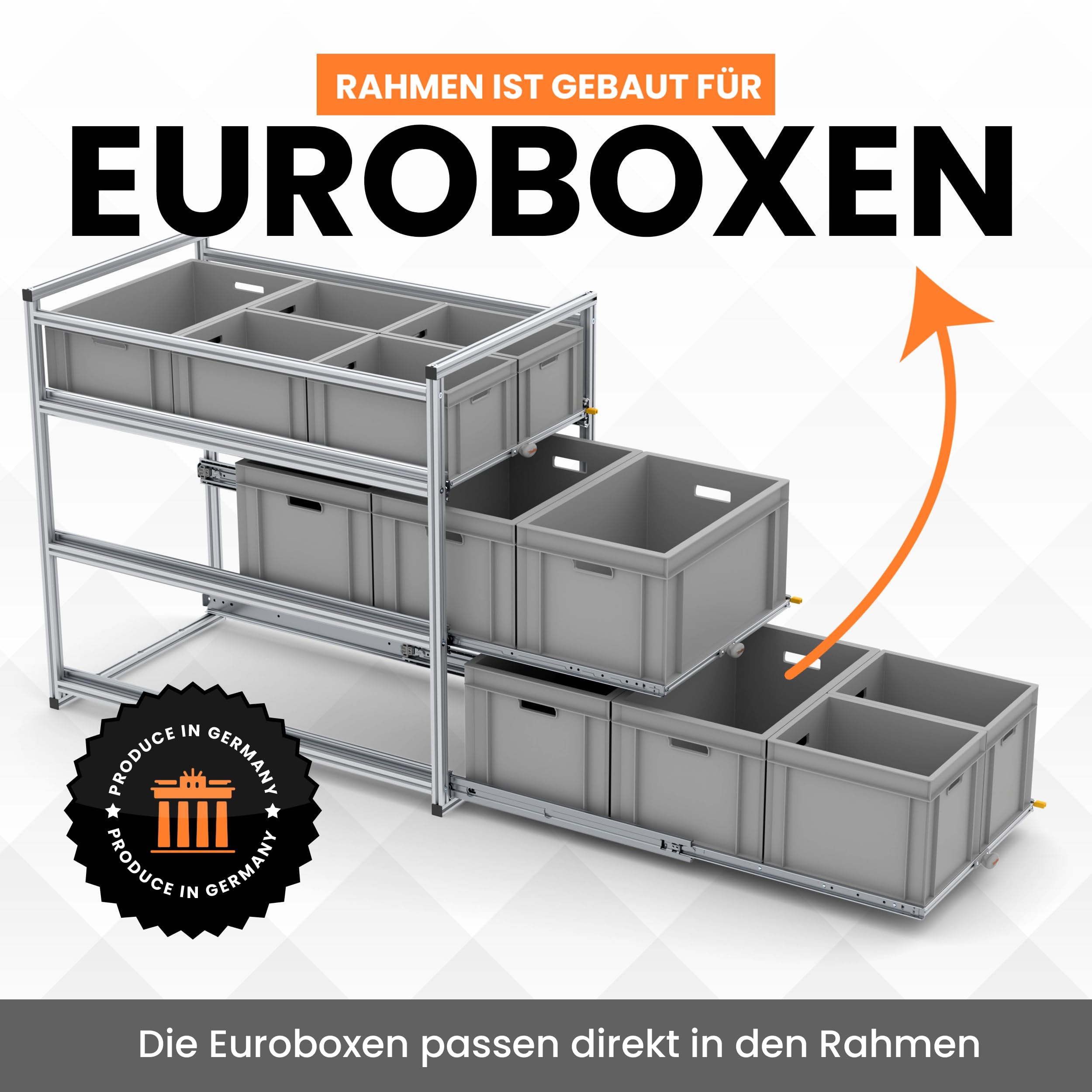 Heckschublade Kastenwagen 120 cm - Auszugregal oder Schubladensystem für Euroboxen 60x40 und 30x40, 2-4 Etagen, Höhe konfigurierbar, Breite 30 cm