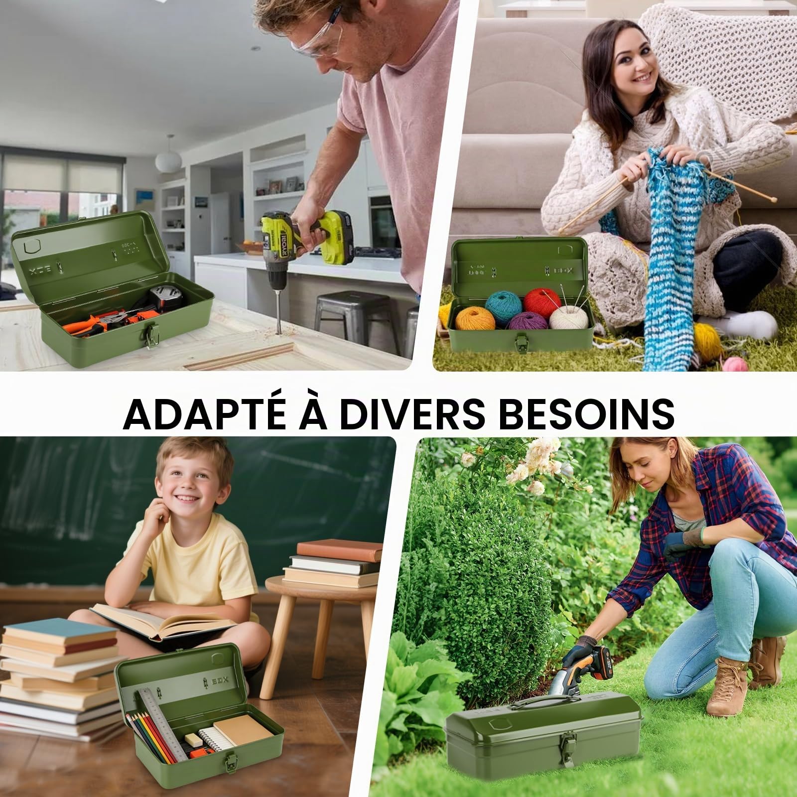 Boite Outils Metal Verte, 37 × 16 × 12 cm, Caisse pour Outils avec Verrouillage à Pression et Poignée Ergonomique, Boîte à Outils Portable pour Atelier, Maison, Usage Quotidien