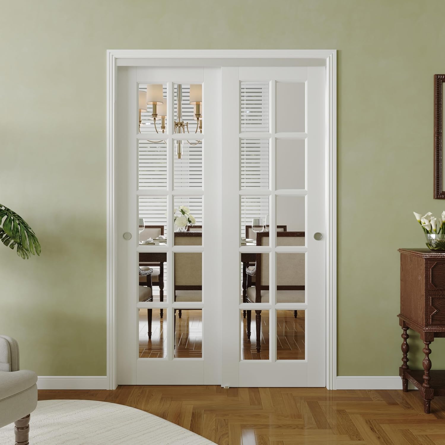 60" x 80" Bypass Sliding Doors, 10-Lite Glass Interior Panels with Hardware Kit, Assembly Required, MDF Material with White Primer, Easy to Install, Ideal for Closet and Pantry Use