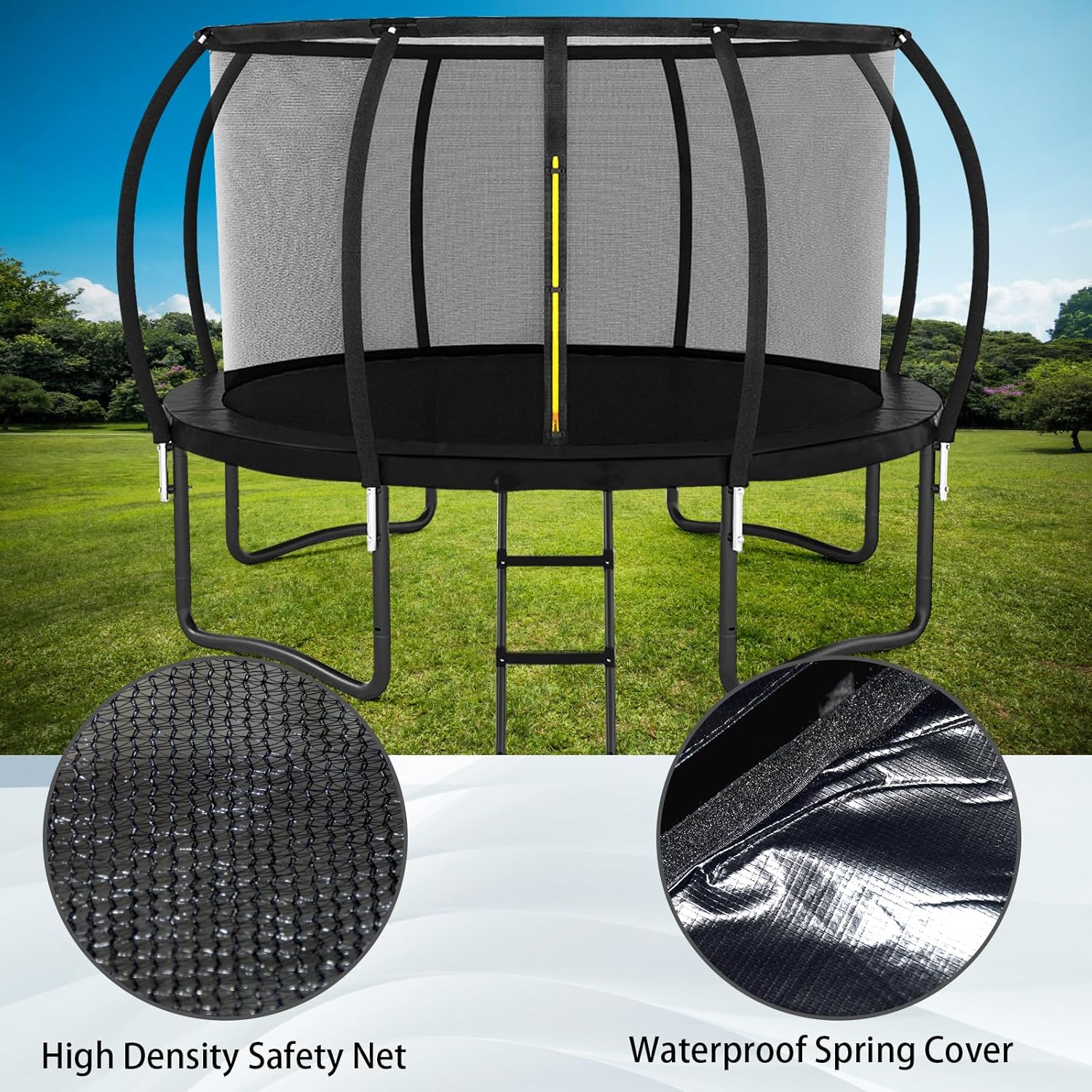Outdoor Trampoline, Recreational Trampolines for Kids/Adults with Enclosure Net Basketball Hoop, Sprinkler, Curved Poles and Ladder, Anti-Rust Coating, ASTM Approval