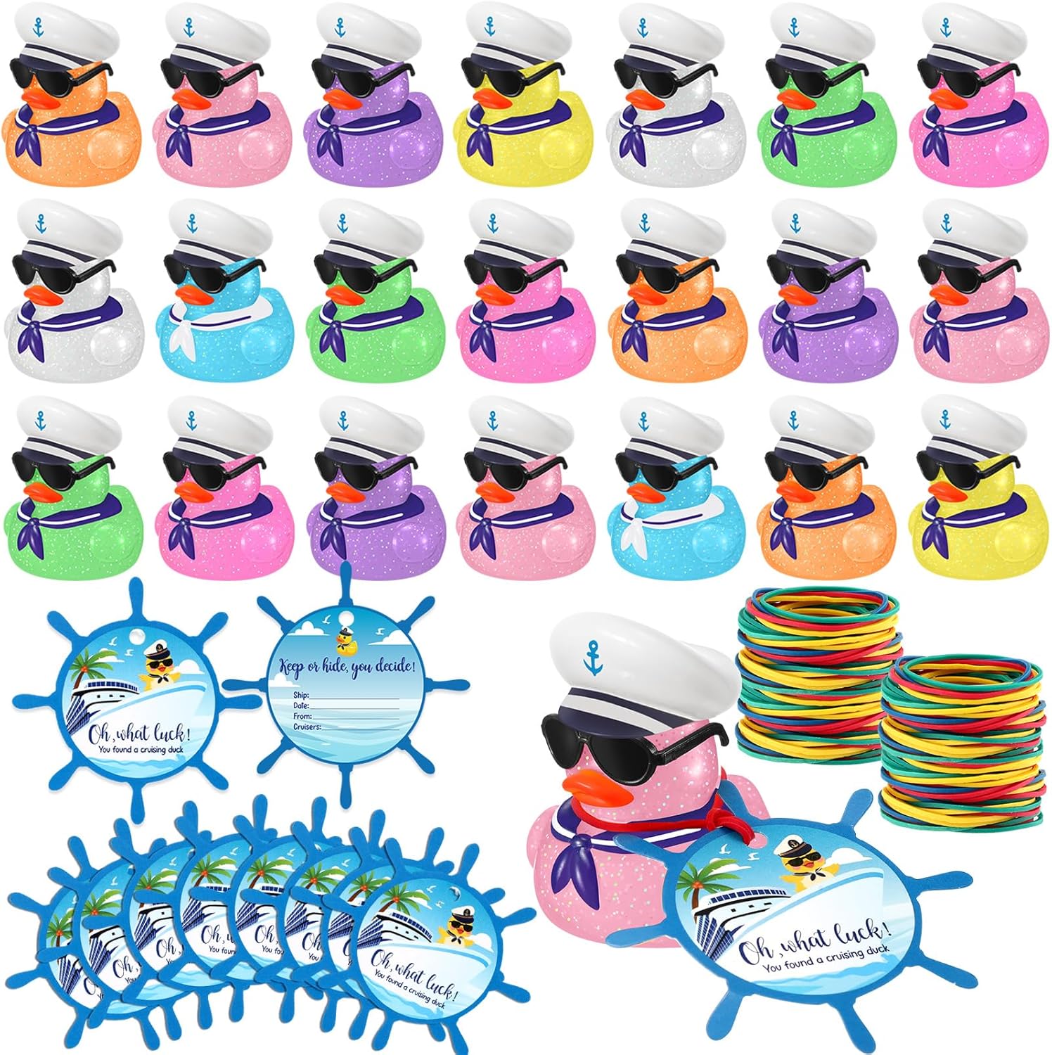 Halloscume 72 Pcs Duck Tag Cruise Kit Includes 24 Mini Cruise Glitter Rubber Ducks with Sunglasses Bulk 24 Duck Tags 24 Elastic Rubber Bands for Cruising Luggage Game Rewards (Rudder Style)