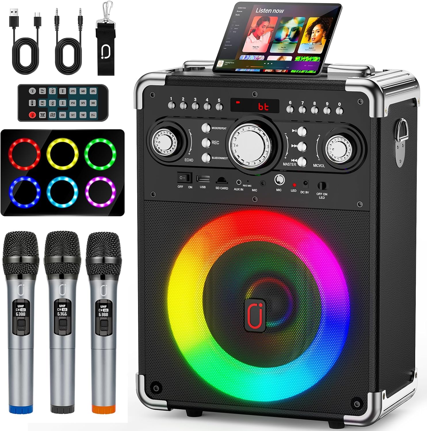 Karaoke Machine with 3 Wireless Microphones, Portable Bluetooth Speaker with Echo Adjustment, Supports TWS/USB/TF Card/Guitar/TV