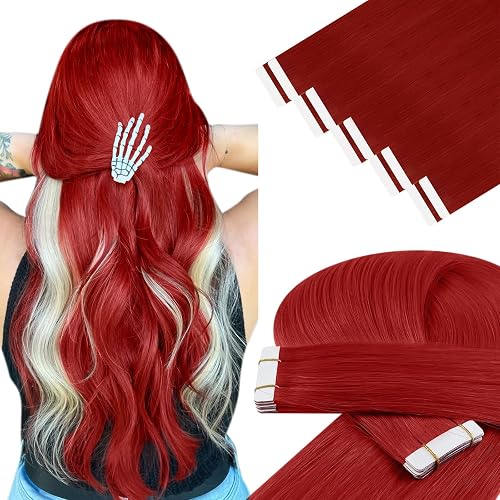 YoungSee Human Hair Tape in Extensions Red 22 Inch Tape in Hair Extensions Human Hair Red Hair Extension Tape Lightweight for DIY Highlights 10pcs 25g