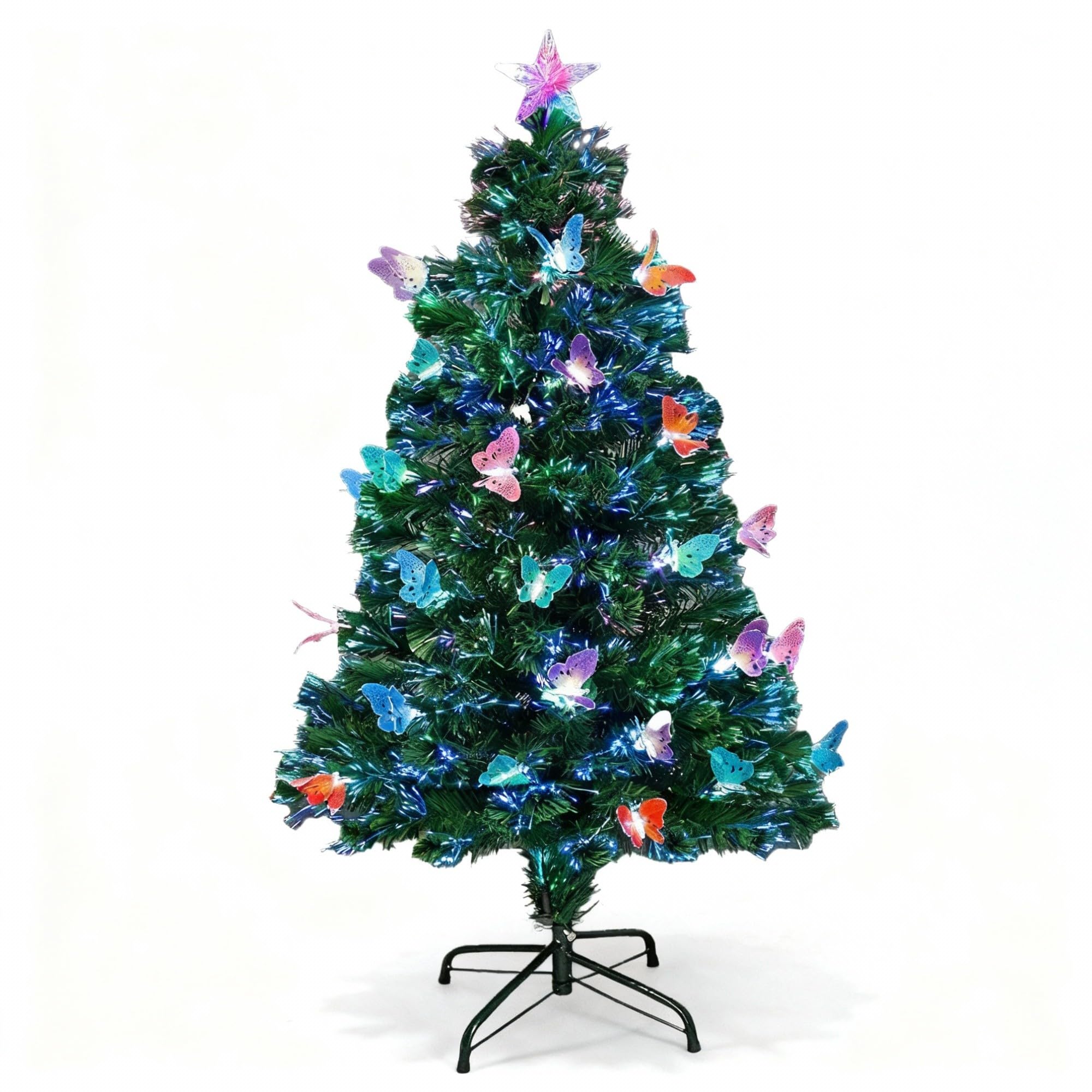 5Ft/150cm Fibre Optic Christmas Tree with Star Topper - LED Butterfly Decorations - Pre-Lit Green Artificial Xmas Tree - Multicolor Changing Lights