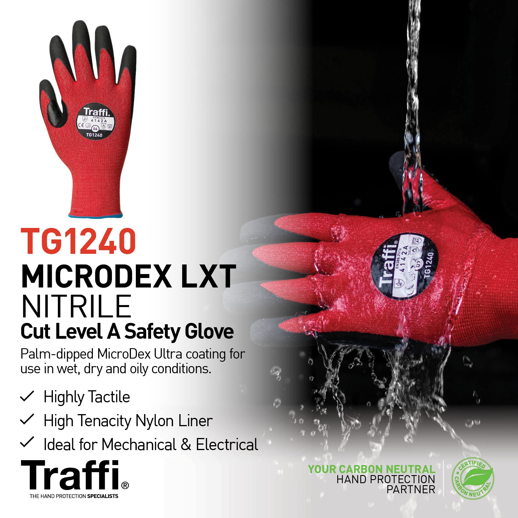 Traffi TG1240- Microdex Nitrile LXT Safety Glove - Cut Level A Work Glove - Carbon Neutral - 1 Pair of Size 10 - Image 2