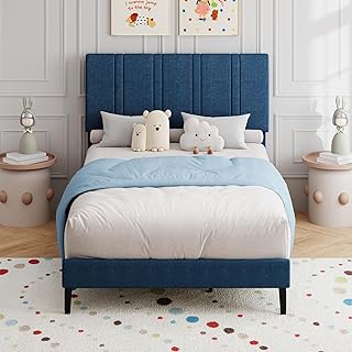 Twin Bed Frame for Kids, Upholstered Platform Bed Frame with Linen Fabric headboard, Wood Slats, Modern Style, No Box Spring Needed, Easy Assembly, Blue