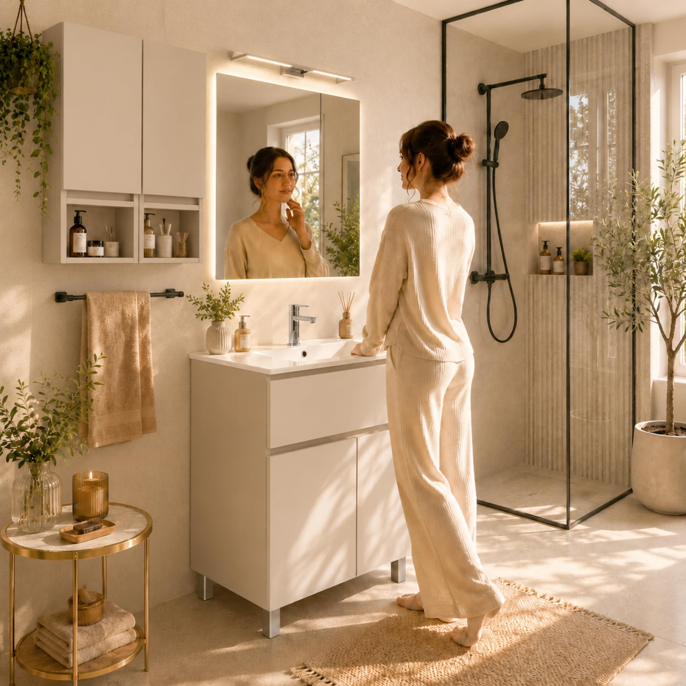Hängeschrank Badezimmer, 75x56x25 cm, Kaschmirfarbe Matt, 6 Regale, Soft-Close-Türen, Anti-Fingerprint, Wandmontage